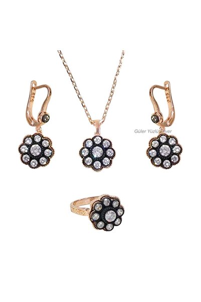 Güler Yüzlü Silver ELMAS MONTÜRLÜ 13 MM ÇİÇEK GÜMÜŞ ÜÇLÜ SET - 12