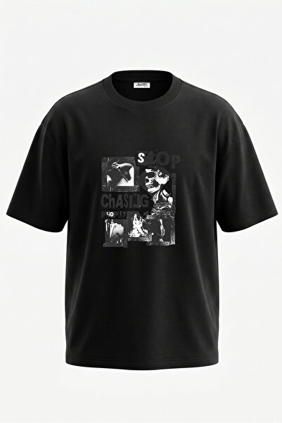 Anetos Tricou oversize negru din bumbac cu imprimeu pe spate Dry Head Punk De...