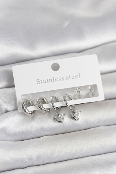 OGHAMAY 316L Steel Silver Color Heart Detailed Women's Earring Set
