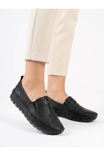 Lütfi Women's Black Genuine Leather Orthopedic Soft Sole Casual Shoes