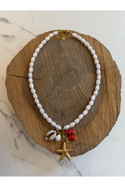 AngelsAccessories Ατσάλινο Κολιέ με Ασύμμετρες Πέρλες και Κρεμαστό Αστερία
