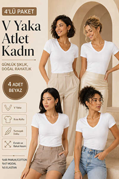 Loule Women's 4-Piece V-Neck Cotton & Modal Short Sleeve Basic Stretch T-Shir...