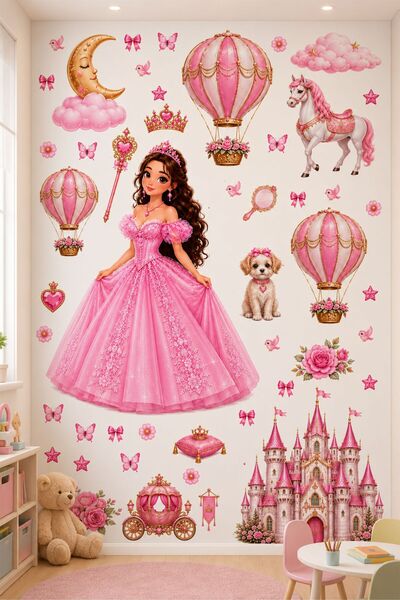 Göktuğ Hediyelik Pembe Prenses Çocuk Odası Duvar Sticker Seti | Unicorn & Şat...