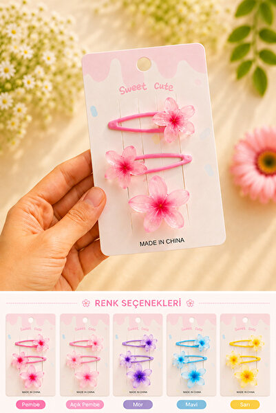 Nisankids Kız Çocuk Çiçekli Çıtçıt Toka Seti – Şeffaf Sakura Çiçek Detaylı Re...