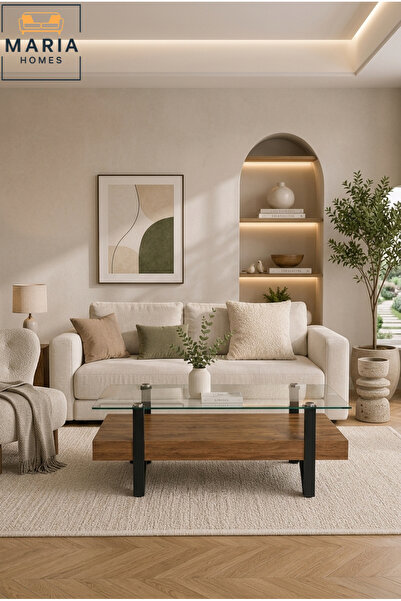 MARIA HOMES طاولة قهوة عصرية بسطح زجاجي ورف خشبي - طاولة وسط لغرفة المعيشة بت...