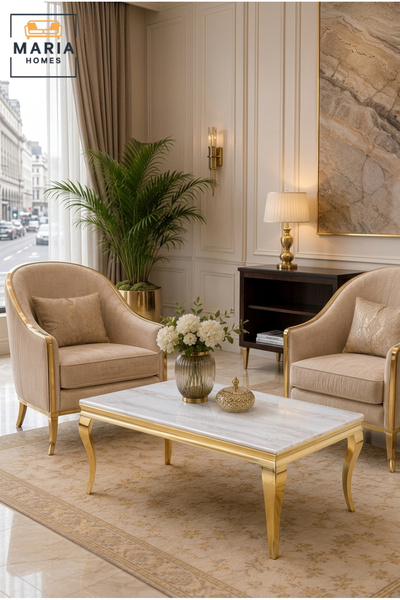 MARIA HOMES Luxury Coffee Table with Marble-Effect Top and Gold Legs – Modern...