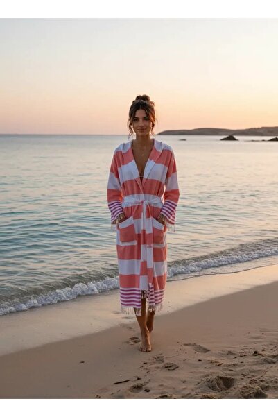 ELİTE NOVA SHOPPİNG Peshtemal Bathrobe - Cotton - Hooded - Salmon Colored Str...