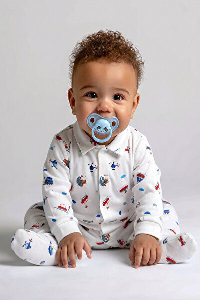 Kidyra Sailboat and Helicopter Patterned Shirt Collar Booties Baby Romper