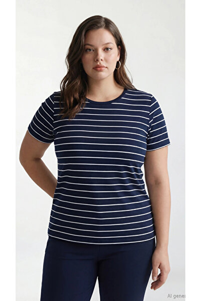 LC Waikiki Basic Navy Blue Crew Neck Striped Women's T-Shirt