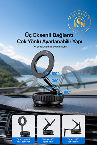 Solistech 360 Derece Dönen Ayarlana Bilen Araç İçi Vakumlu Magsafe Araç Tutucu Mıknatıslı