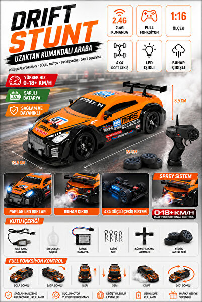 cayenna Uzaktan Kumandalı 2.4G Şarjlı 1:16 4x4 Drift Stunt Araba Işıklı Buhar...