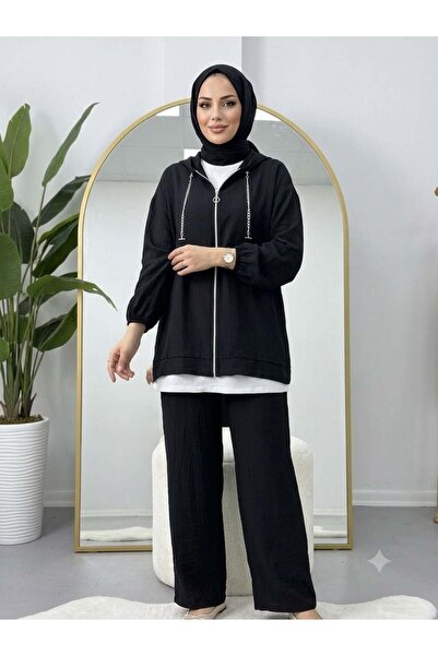 modasindoma Women's Hooded Zipper Detailed Jacquard Pants Hijab Set Black