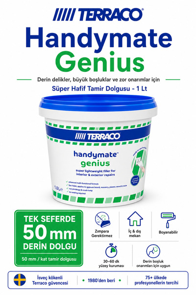 AGK TERRACO Handymate Genius 50 mm Süper Hafif Duvar Delik Çatlak Tamir Dolgu...