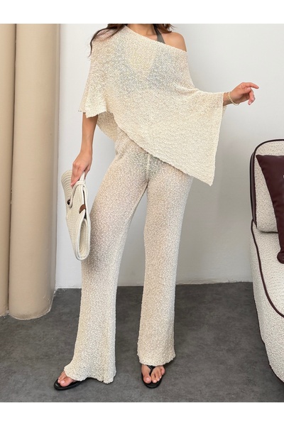 TOFİX textile Women's Knitwear Beach Set Off-The-Shoulder Bat Sleeve Blouse a...
