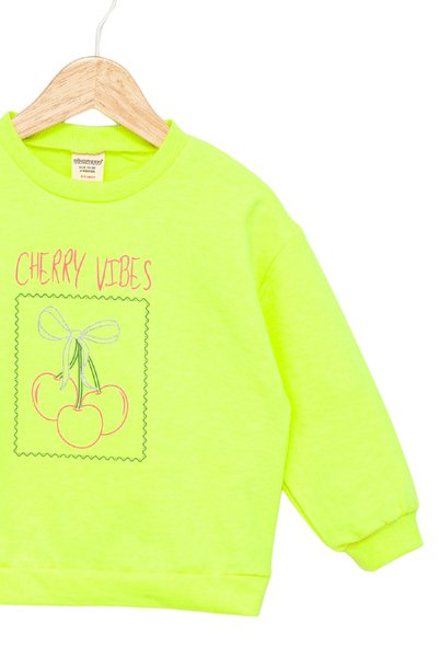 Divonette Girl's Sweatshirt, Highlighter Green, Long Sleeve, Bow, Cherry Pattern, Children's Sweatshirt