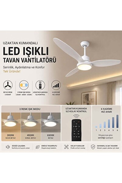 newnet Tavan Vantilatörü Uzaktan Kumandalı LED Işıklı 3 Renk Işık Mod 6 Kadem...