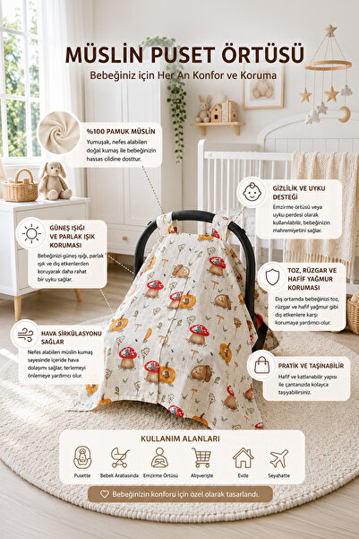 FH Living %100 Organik Pamuklu Kumaştan Müslin İki Kat Desenli Puset Örtüsü