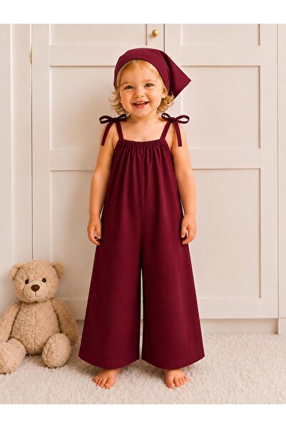 Moda Lina Baby Kız Çocuk Askılı Bol Paça Tulum ve Bandana Takımı