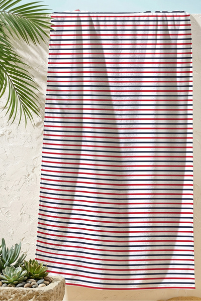 Evimde Bambaşka Striped Marine Beach Towel - Navy Blue Red White Nautical Mod...