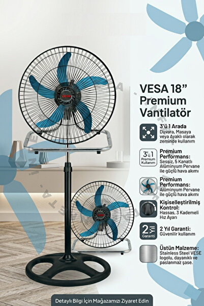 İnfeta 18 İnç 46 cm 5 Metal Kanat 3 Kademeli Hız 80 W Sanayi Tipi Ayaklı Vant...