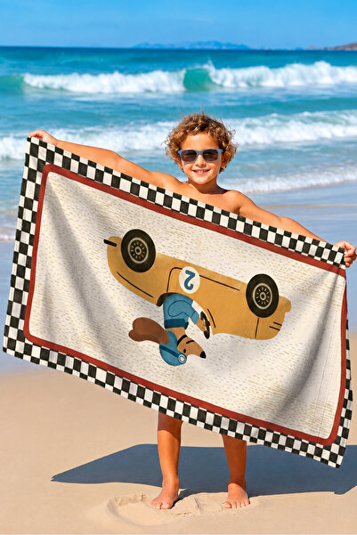 Evimde Bambaşka Racing Car Boys Beach Towel-Vintage Ecru Blue Pool Sea Quick ...