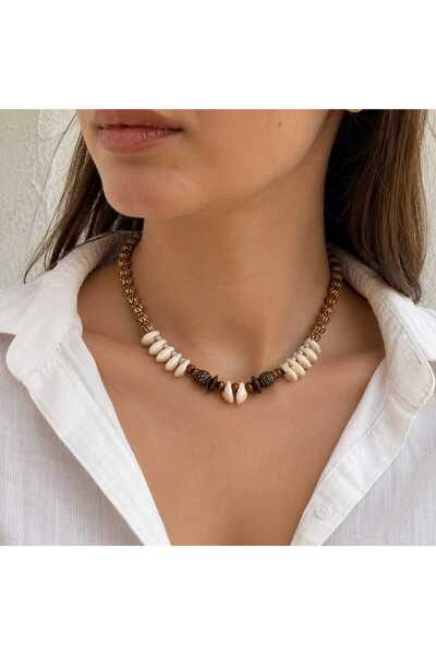 ORENDAJEWELRY Gerçek Deniz Kabuklu Ahşap ve Desenli Boncuklu Bohem Kolye