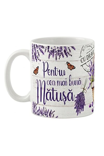 LimArt Cană ceramică personalizată, model cu lavandă și fluturi, 350 ml, "Pen...