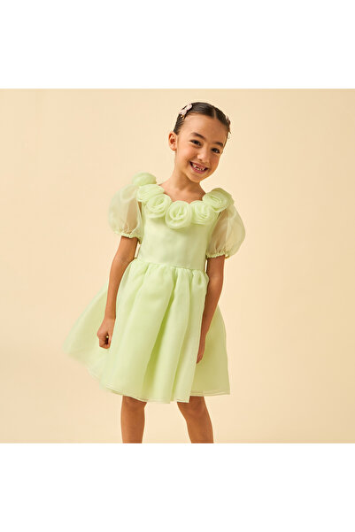 Juniors Round Neck Short Sleeves Dress with Floral Applique