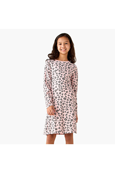 Juniors Round Neck Long Sleeves A-line Dress with Animal Print