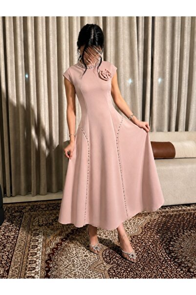 Jood Women's Midi Dress with a Cloche Cut and Floral Embellishments