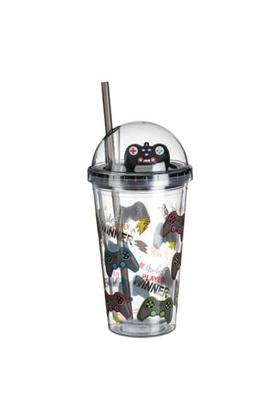 OEM Pahar Gamer Negru din Plastic cu Pai, 475 ml