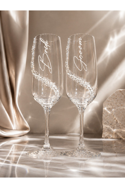 Caga Home CAGA Bride Groom Işıltılı Kristal Parlak Taşlı 240 ml Şampanya Kade...