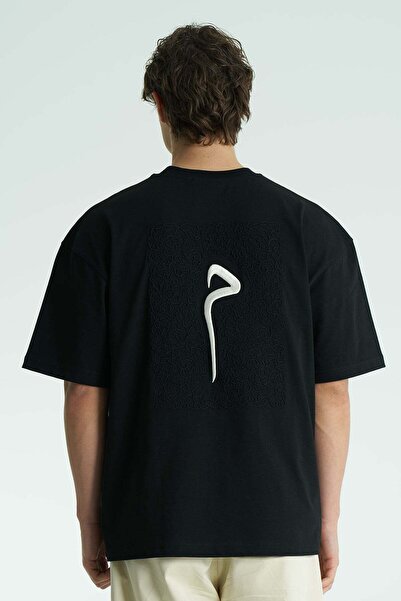 SHANBERWEAR Glyph Nakışlı Oversize Erkek Tişört %100 Pamuk Bisiklet Yaka