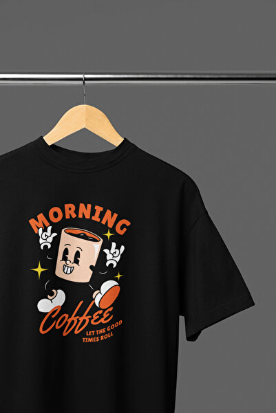 MAGORS Morni̇ng Coffee Printed Oversize Retro Vintage Crew Neck Cotton T-Shir...