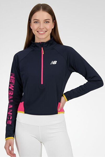 New Balance ملابس رياضية نسائية بأكمام طويلة للتدريب مع سحاب نصف، باللون الكح...