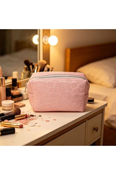 idei Geantă Cosmetică Octogonală Mică din PU Roz Pastel cu Embosaj Inimi și F...
