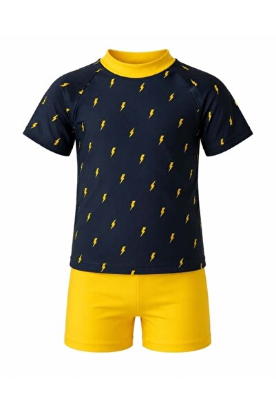 Starinci Mayo Lightning Patterned Boy's Swimsuit Set Yellow Navy Blue Set of 2