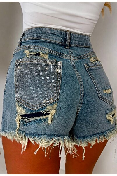 Demhana Boutique Pantaloni scurti denim cu pietre
