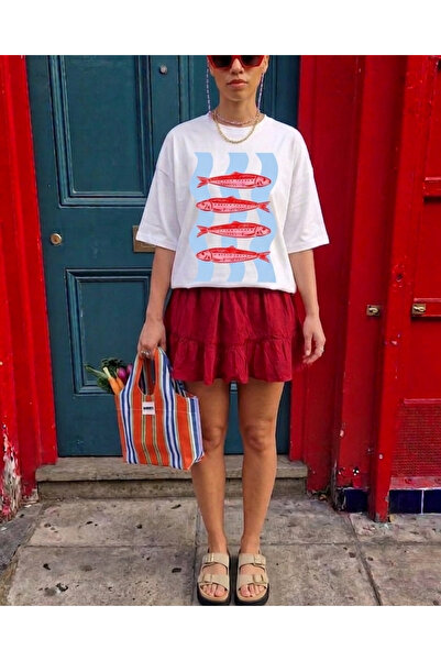 Unisex Beyaz Balık Baskılı Oversize Bisiklet Yaka T-shirt