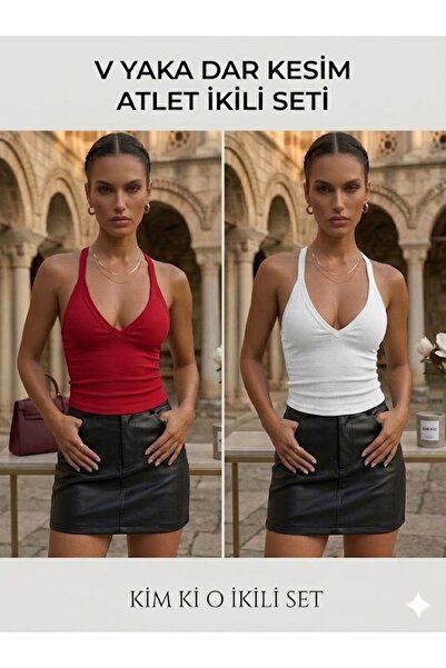 KİM Kİ O Set of 2 Women's Camisole V-Neck Slim Fit Undershirts - Red & White