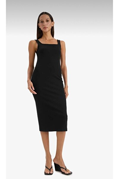 vipelmoda Μίντι μαύρο καλοκαιρινό φόρεμα με τετράγωνο λαιμόκοψη, βασικό ριμπ ...