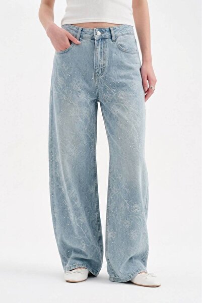 tw3 Women's Jacquard Floral and Stone Detail Design Balloon Fit Jeans
