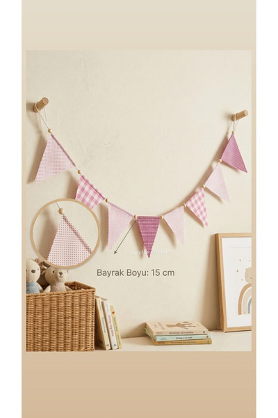 Sewille Design Hand Made 8 li Pembe Desenli Üçgen Flama Duvar Süsü, Bebek/Çoc...