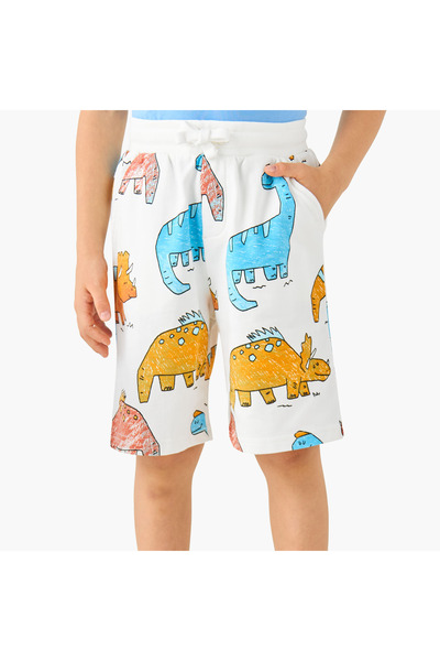 Juniors Drawstring Waist Shorts with Dinosaur Print