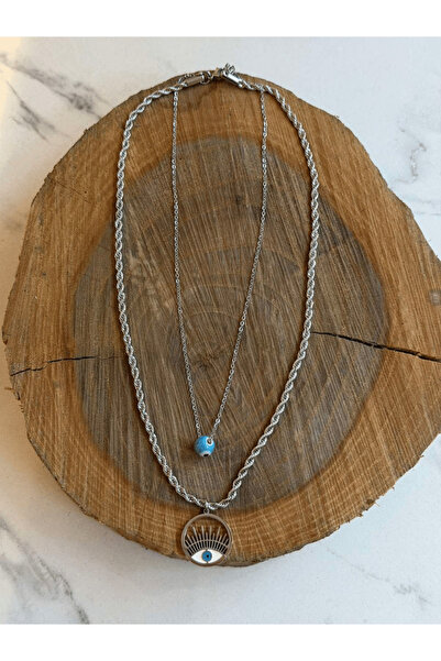 AngelsAccessories Ατσάλινο Διπλό Κολιέ με Ματάκι