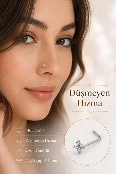 Sacce Scarves&Accessories Düşmeyen L Model Çiçekli Çelik Burun Hızması 316L Z...