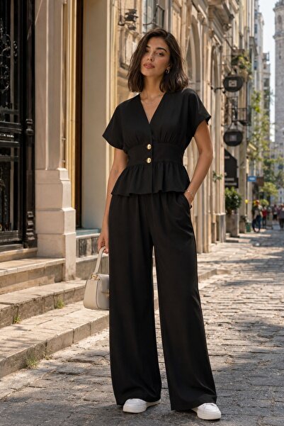 İpli Kadın V Yaka Düğmeli Peplum Bluz Bol Paça Pantolon Takım