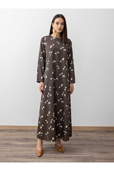 Refka Green Background White Floral Patterned Hijab Dress - - Exclusive