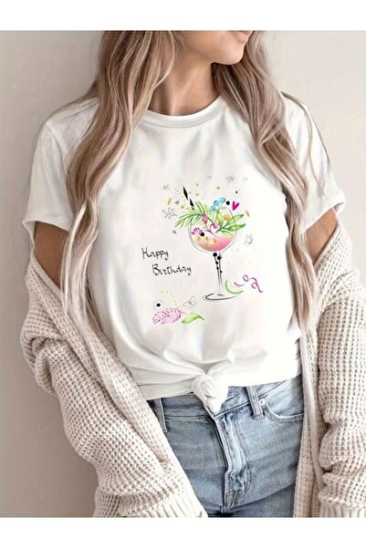 COZYWEAR Happy Birthday Printed White T-Shirt
