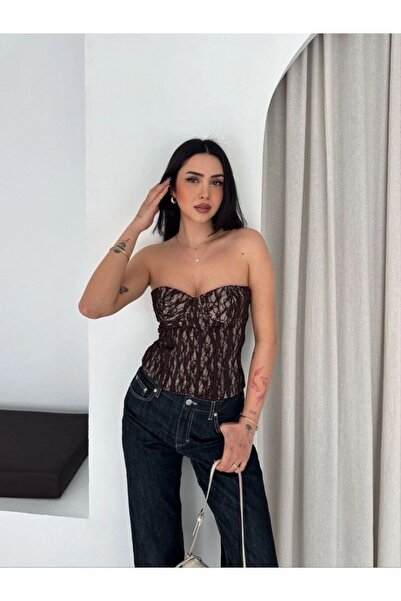 VELİZADE Kadın Kahverengi Transparan Dantel Detaylı Balenli Korse Model Büsti...